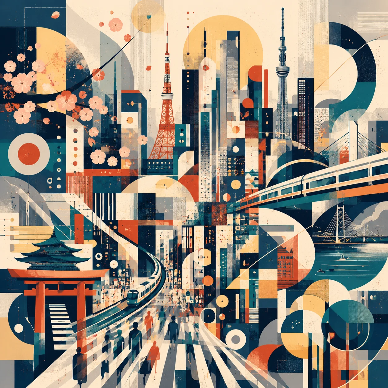 Illustrated Tokyo skyline with towers, trains, cherry blossoms, and geometric city shapes.